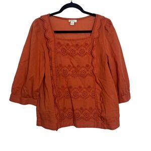 Sundance Boho Square Neck Embroidered Lace Trim 3/4 Sleeve Blouse Top Orange S